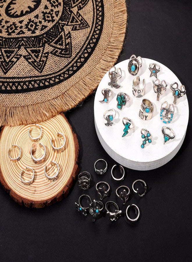 BVGA 30Pcs Vintage Silver Knuckle Rings Set for Women Men Teen Girls, Western Cowgirl Cowboy Stackable Joint Finger Rings Retro Carved Stone Stacking Midi Adjustable Rings Bohemian Turquoise Boots Cross Cactus Cow Head Rings Pack - Image 2