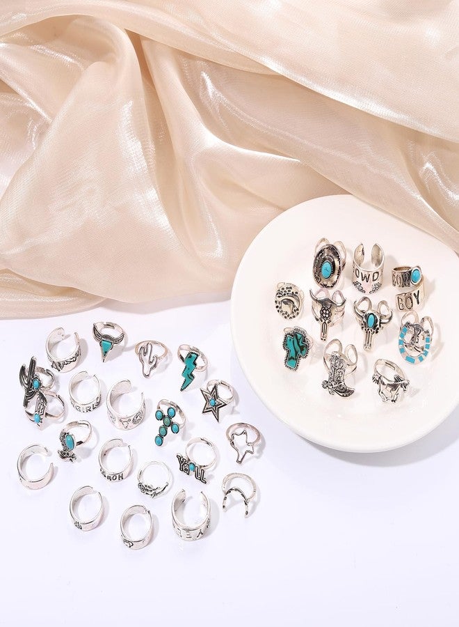 BVGA 30Pcs Vintage Silver Knuckle Rings Set for Women Men Teen Girls, Western Cowgirl Cowboy Stackable Joint Finger Rings Retro Carved Stone Stacking Midi Adjustable Rings Bohemian Turquoise Boots Cross Cactus Cow Head Rings Pack - Image 3