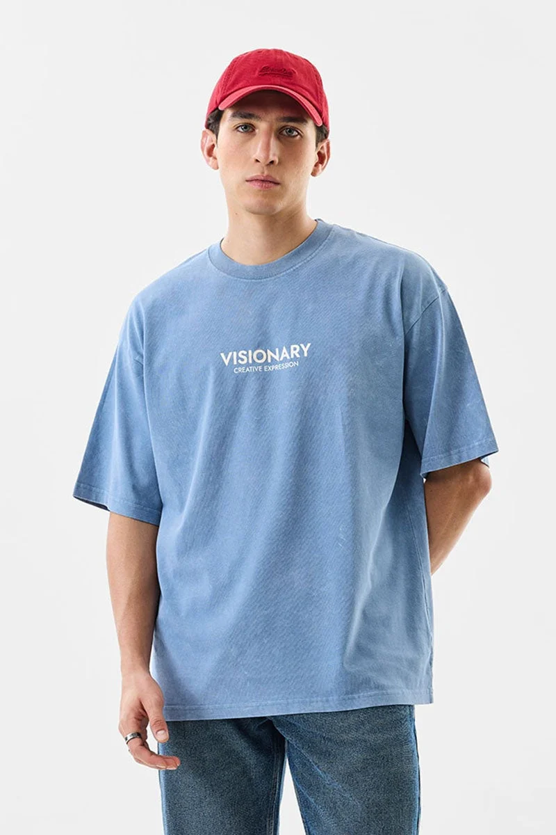 سنيتش Blue Graphic Half Sleeve Oversized Streetwear T-Shirt