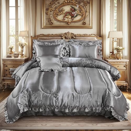 Bedding_Dreamer Satin Comforter Set with Sheet Set Queen 8 Pieces Silk Like Grey Bedding Silky Ruffle Pattern Luxury Silky Comforter Set with 1 Cushion Cover - Image 1