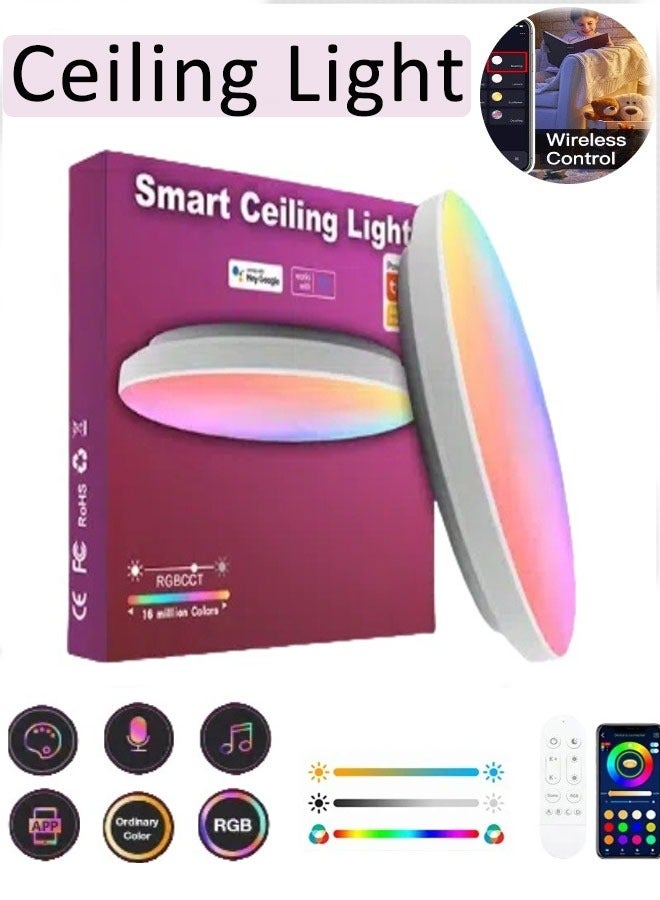 مصباح السقف الذكي، مصباح السقف الذكي RGB بلوتوث، مصباح سقف قابل للتعتيم 30 سم 24 واط LED قابل للتعتيم في السقف، تطبيق + تحكم عن بعد لتغيير لون مصباح السقف لغرفة النوم والمطبخ  - Image 1