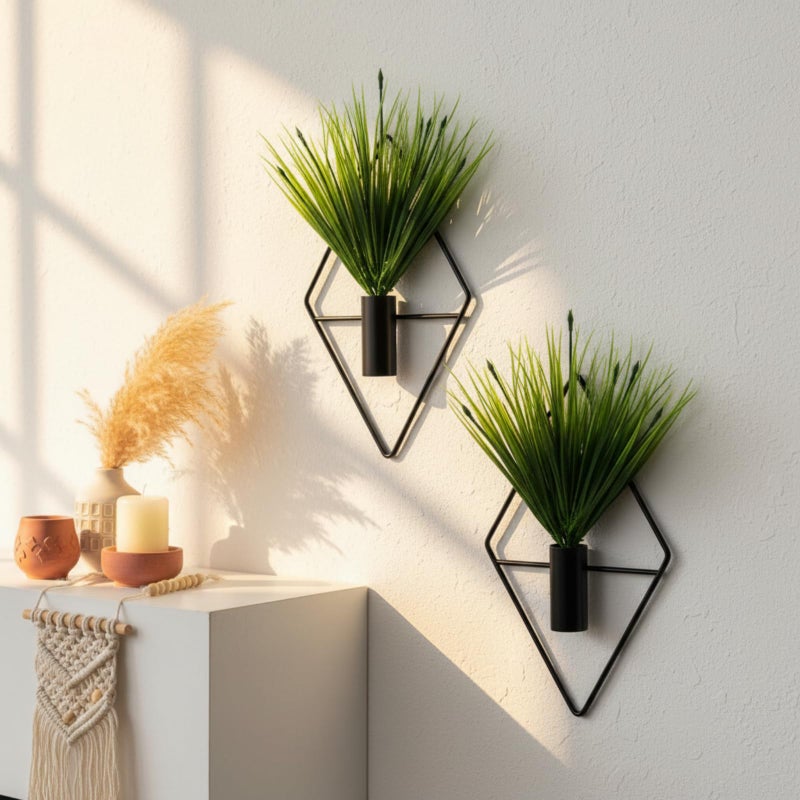 Canlierr 4 Pcs Wall Decor Hanging Planters with Artificial Plants Metal Hanging Vase Indoor Plants Holder Modern Boho Wall Art for Bathroom Bedroom Living Room DecorBlackAquatic Plant - Image 2