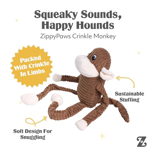 ZippyPaws Crinkle Monkey - Interactive Dog Toys to Keep Them Busy, Squeaky Plush Pet Toy for All Breeds, for Medium, Large, Extra Large Dogs, Contains 1 Blaster Squeaker - Extra Large, Brown - Image 3