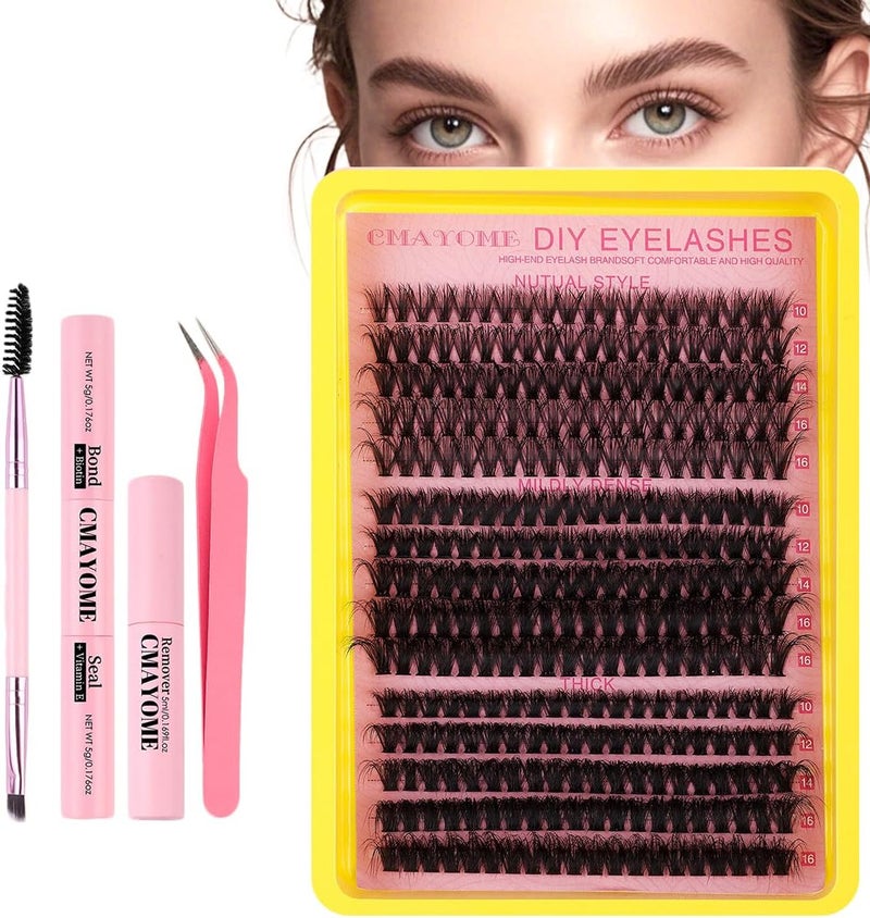 Individual Eyelashes Cluster Lashes Kit 6080100D Thick D Curl False Eyelashes Clusters with Tweezers Lash Brush Bond and Seal Lash Glue DIY Fluffy Lashes Extensions Kit 300Pcs 1016MM