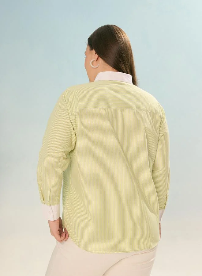 SASSAFRAS Sassafras Plus Size Green Striped Long Sleeve Shirt