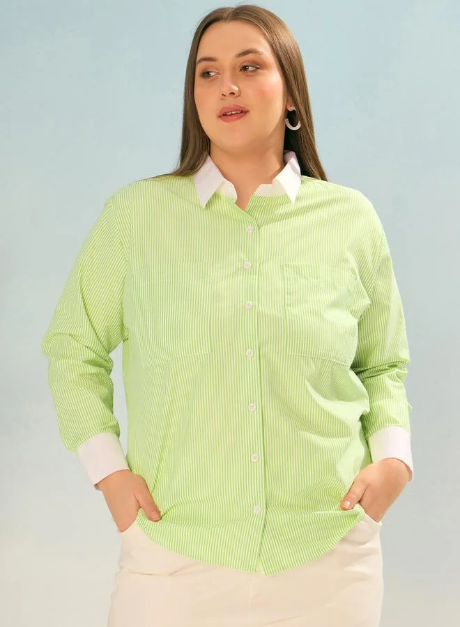 SASSAFRAS Sassafras Plus Size Green Striped Long Sleeve Shirt