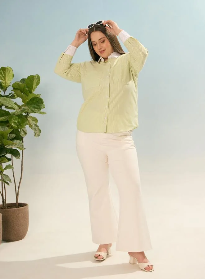 SASSAFRAS Sassafras Plus Size Green Striped Long Sleeve Shirt