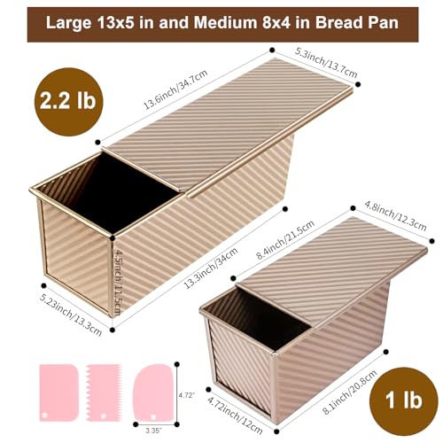 Barlket Upgrade Pullman Loaf Pan with Lid, Pullman Loaf Pan 2.2 LB/1 LB, 2 Pack Nonstick Sandwich Bread Pan, for Bread, Sandwiches, and Toast, Golden, Deep Side and Corrugated - Image 2