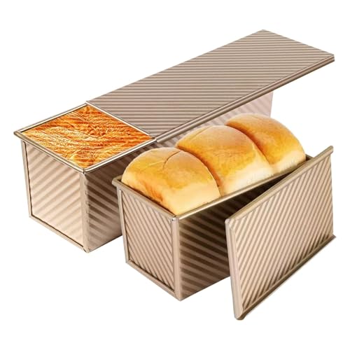 Barlket Upgrade Pullman Loaf Pan with Lid, Pullman Loaf Pan 2.2 LB/1 LB, 2 Pack Nonstick Sandwich Bread Pan, for Bread, Sandwiches, and Toast, Golden, Deep Side and Corrugated - Image 1