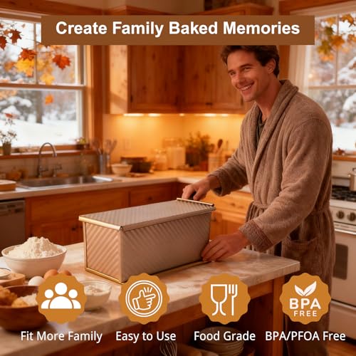Barlket Upgrade Pullman Loaf Pan with Lid, Pullman Loaf Pan 2.2 LB/1 LB, 2 Pack Nonstick Sandwich Bread Pan, for Bread, Sandwiches, and Toast, Golden, Deep Side and Corrugated - Image 5