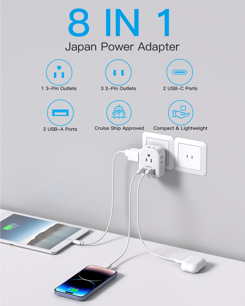 HANYCONY 2 Pack US to Japan Travel Plug Adapter, HANYCONY Japan Power Adpter with 4 Outlets 4 USB Ports(2 USB C), Type A Plug Adapter for Amercian USA to Japanese China Canada Mexico Philippines Peru - Image 3