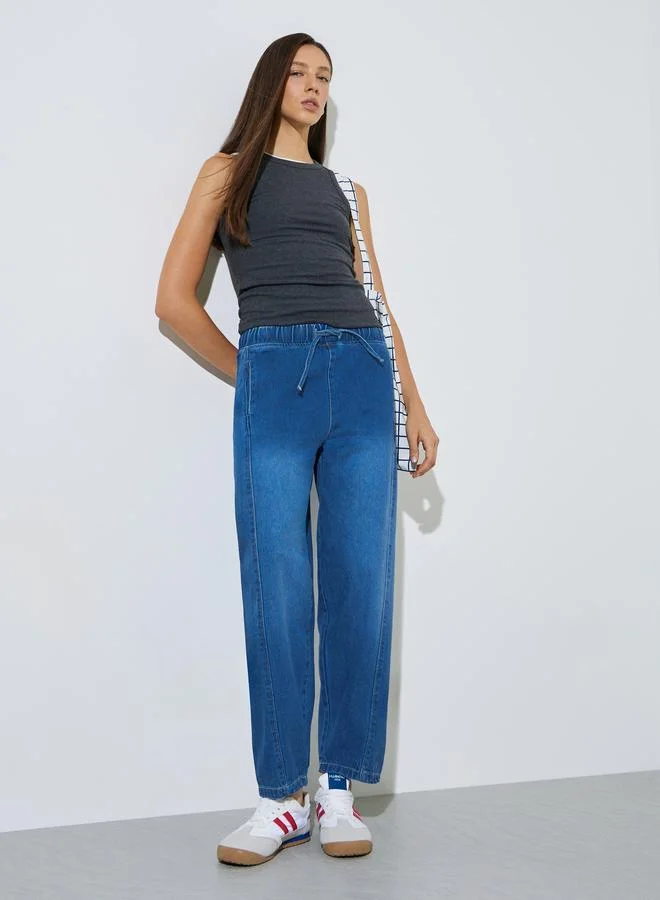 Styli Medium Blue Barrel Fit Jogger Style Jeans