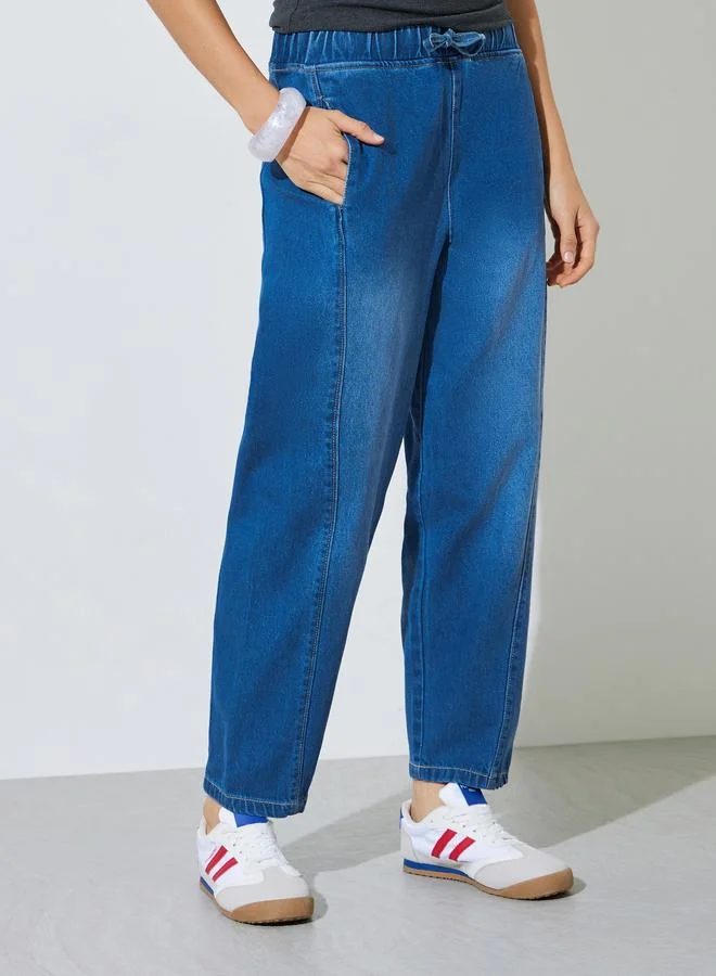 Styli Medium Blue Barrel Fit Jogger Style Jeans