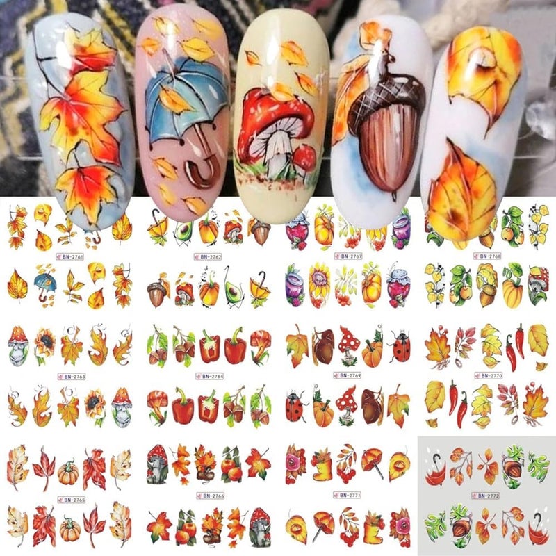 12 Sheets Fall Thanksgiving Nail Stickers for Nail Art Autumn Maple Leaf Nail Decal Pumpkin Nail Appliques Water Transfer Sticker for Women and Girls Decoration DIY Home Salon Manicure Gift