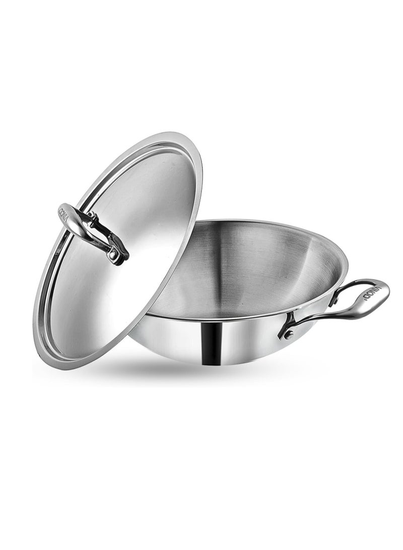 Vinod Platinum Triply Stainless Steel Kadai with Lid - 26 cm, 3.2 L, Silver (Induction Friendly) - Image 1