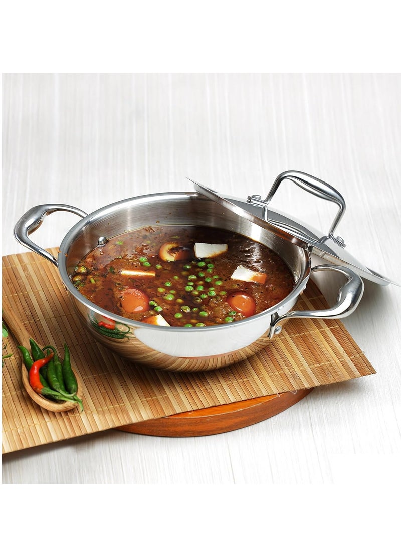 Vinod Platinum Triply Stainless Steel Kadai with Lid - 26 cm, 3.2 L, Silver (Induction Friendly) - Image 2