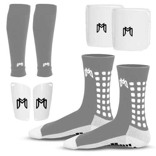 MediCaptain Soccer Grip Socks, Shin Guards, Pre Cut Sock Sleeves, and Guard Straps Bundle Pack - Essential Equipment for Soccer Players - for Mens, Women, Youth, Size 7 to 12 US Men Shoe Size (Gray) - Image 1