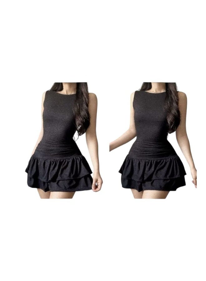 دريس إت آب فستان لاتيني بكشكشة من قماش قطني سباندكس (أسود) مقاس صغير
