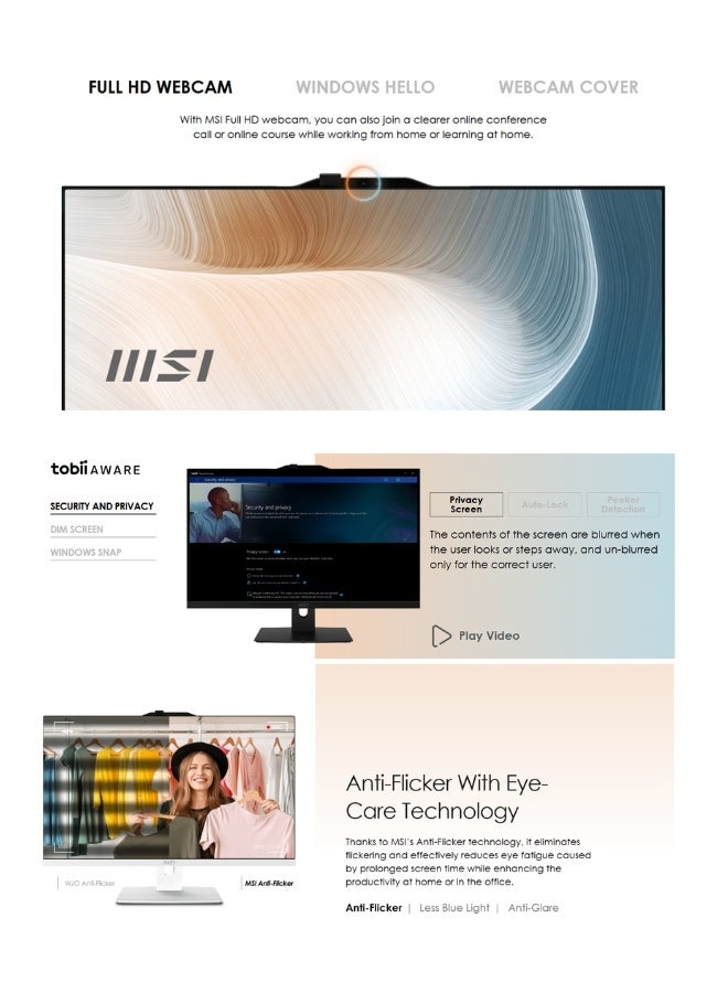 MSI Modern AM272P All-in-One Desktop, 27" FHD, Intel Core 7-150U, 8GB DDR5, 512GB NVMe SSD, Intel® Iris® Xe Graphics, WiFi 6E, Built-in Webcam & Speakers, DOS, Black English black - Image 2