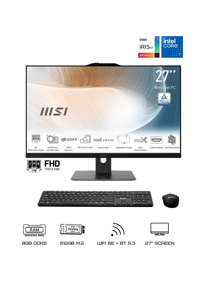 MSI Modern AM272P All-in-One Desktop, 27" FHD, Intel Core 7-150U, 8GB DDR5, 512GB NVMe SSD, Intel® Iris® Xe Graphics, WiFi 6E, Built-in Webcam & Speakers, DOS, Black English black - Image 1