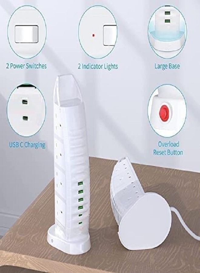 Burj Al Arab Sailboat Shape Tower Extension Lead with USB, 8 Way Outlets 6 USB Fast Charging Ports (2 Type C and 4 USB Ports) 3.6A Multi Plug Extension Cord Socket 2M Cable, Vertical Power Strip - Image 5