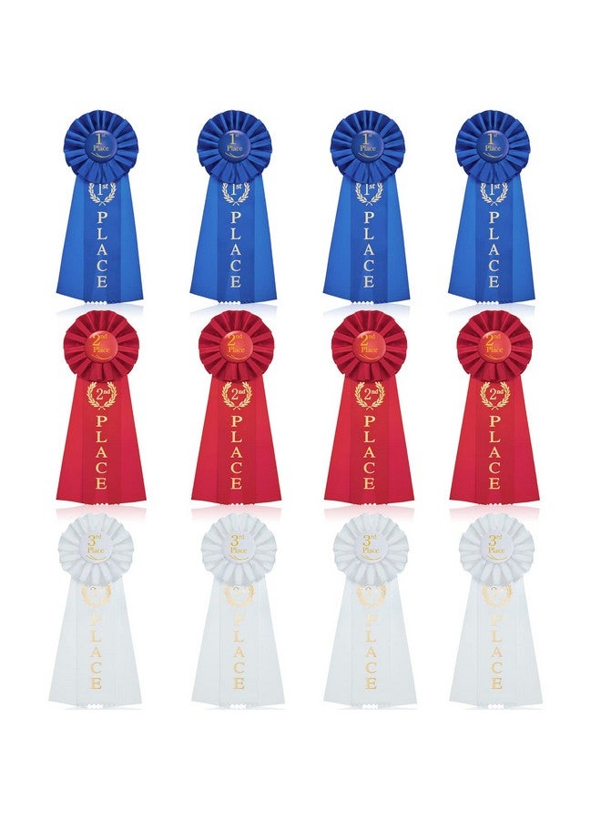 MTLEE Award Ribbons Set 1st Place Rosette Ribbon Prize Ribbon Winner Grand First Second Third Place Victory Ribbons Deluxe Recognition for Classroom Prizes, 1st Blue, 2nd Red, 3rd White(12 Pieces) - Image 1