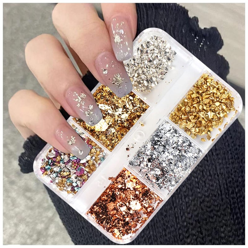 6 Grids Metallic Nail Art Foil FlakesGold Nail Glitter Flake Holographic Glitters Sequins 3D Sparkly Aluminum Foil Flake Gold Silver Nails Glitter Flakes Nail Art Supplies for Women