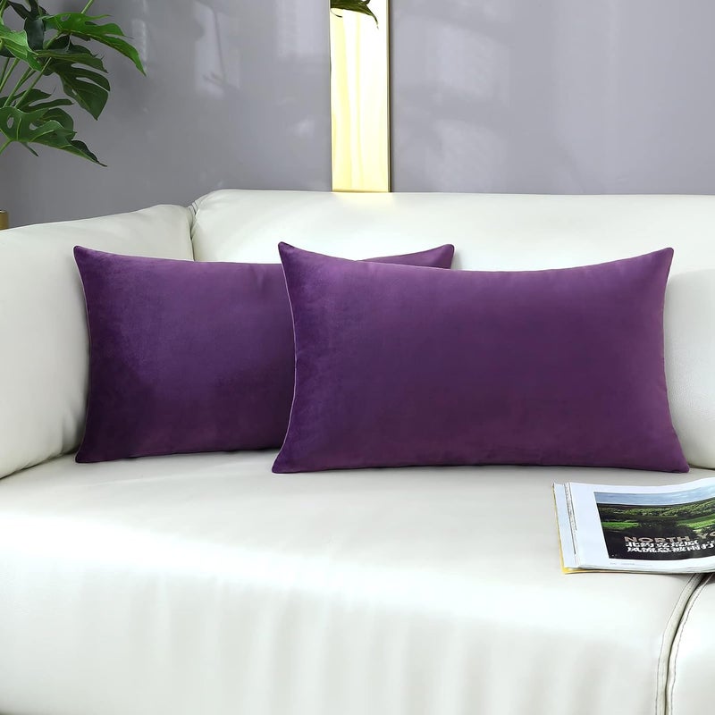 mixeoo Comfy Eggplant Purple Throw Pillow Covers Decorative Lumbar Solid Rectangle Thick Velvet Super Soft Cushion Cases Home Decor for Sofa Couch Living Room Chair, Set of 2, 12 x 20 Inch - Image 2