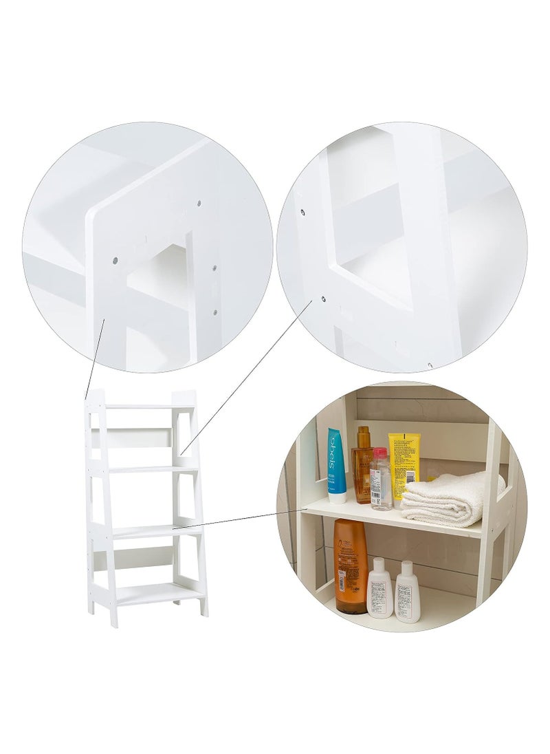 4 Tier Waterproof White Ladder Shelf Bookcase Display Unit Storage Stand Bathroom Cabinet Floor Cupboard for Kitchen Bedroom Living Room Bathroom Flower Plant Stand-Wood Plastic Board