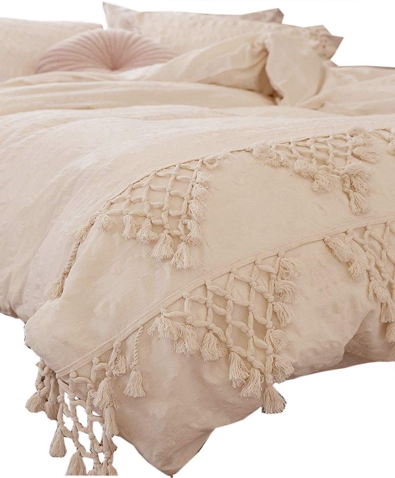 Flber Tufted Tassel Sham Set Lattice Cotton Pillow Covers,19.7in x35.5in,Set of 2 - Image 2