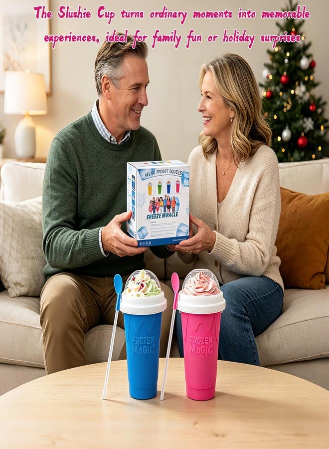 Fopudy 2PCS Slushie Maker Cup - DIY Magic Slushy Maker Squeeze Cup, Smoothie Squeeze Cup for Juices, Milk and Ice Cream Make, Double Layers Silicone Slushie Cup with Straw for Friends Gift Pink+Blue - Image 5