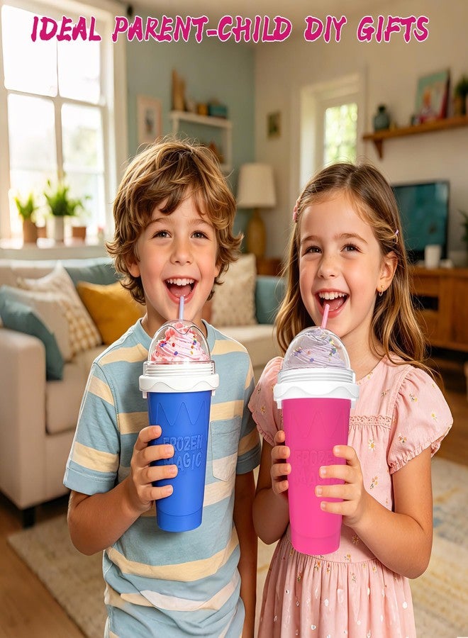 Fopudy 2PCS Slushie Maker Cup - DIY Magic Slushy Maker Squeeze Cup, Smoothie Squeeze Cup for Juices, Milk and Ice Cream Make, Double Layers Silicone Slushie Cup with Straw for Friends Gift Pink+Blue - Image 2