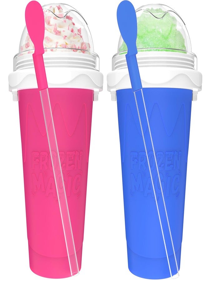 Fopudy 2PCS Slushie Maker Cup - DIY Magic Slushy Maker Squeeze Cup, Smoothie Squeeze Cup for Juices, Milk and Ice Cream Make, Double Layers Silicone Slushie Cup with Straw for Friends Gift Pink+Blue - Image 1