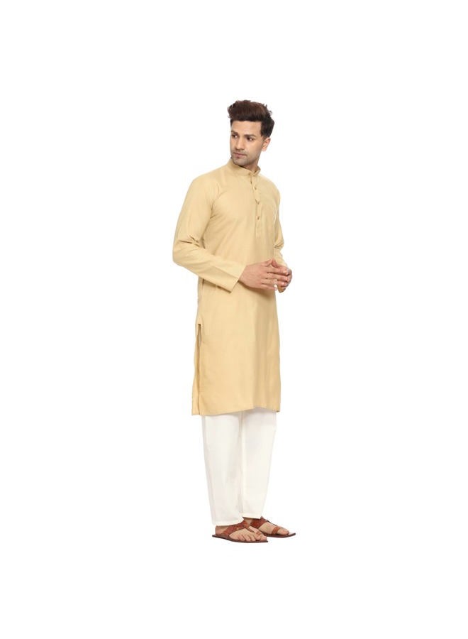 ITOS365 Men Cotton Blend Kurta Pyjama Set Party Fashion Regular Ethinic Wear Indian Dress Gift for Men Tan Medium - Image 2