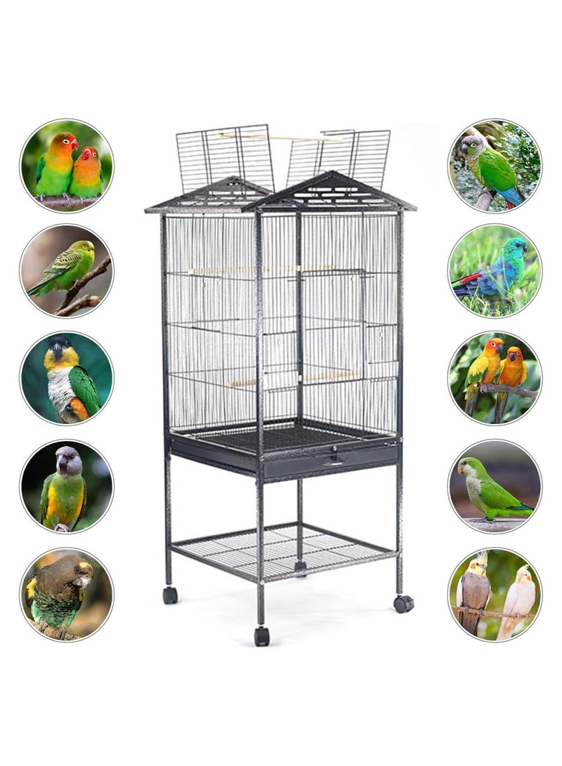 XiuWoo 47 inch Wrought Iron Standing Bird Cage, Metal Parrot Cage with Open Top Stand Rolling Wheels for Canary Finch Cockatiel Parakeet Conure Parrot, Budgie Cage - Image 2