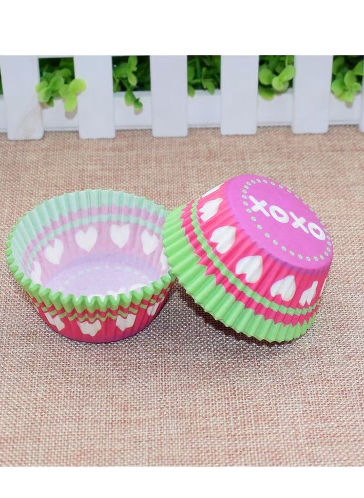 100Pcs/set  Cupcake Baking Paper Cases Cake Box,Disposable Muffins Baking Cupcake Mould 6.8x5x3cm - Pink & Green Heart - Image 1