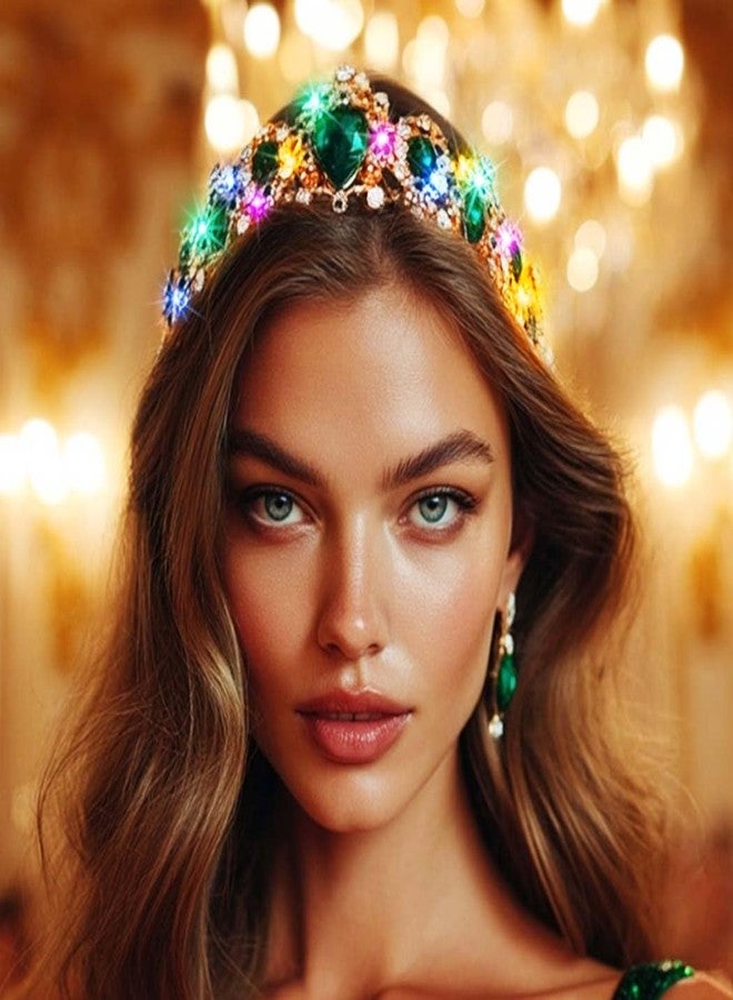 يان تاج يان المضيء على الطراز الباروكي، تيجان مرصعة بأحجار الراين، إكسسوارات شعر ذهبية للعرائس (أخضر، مقاس واحد) - Image 3