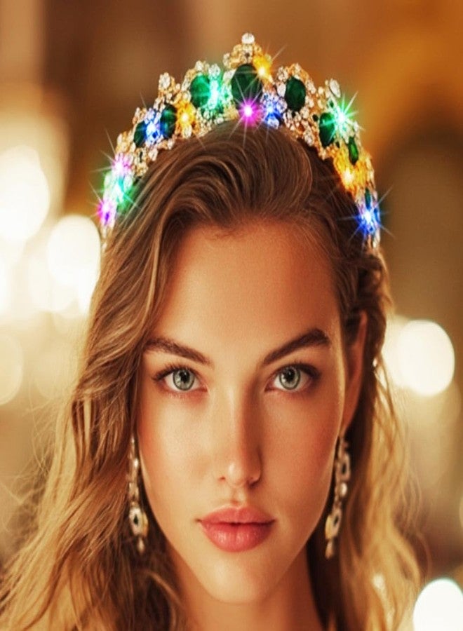 يان تاج يان المضيء على الطراز الباروكي، تيجان مرصعة بأحجار الراين، إكسسوارات شعر ذهبية للعرائس (أخضر، مقاس واحد) - Image 1