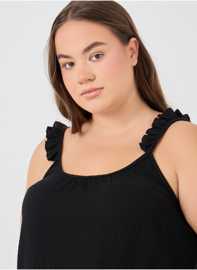 Styli Plus Size Cotton Gauze Ruffle Trim Slip Dress  - Image 3