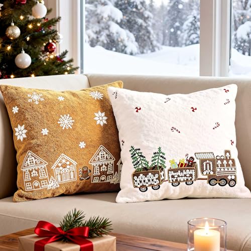 Lanpn 18x18 Christmas Pillow Covers Set of 2 Embroidery Gingerbread Man House Decorative Holiday Pillowcase Pillow Case Cushion 18 x 18 for Indoor Home Bedroom Sofa Couch Xmas Decor - Image 3