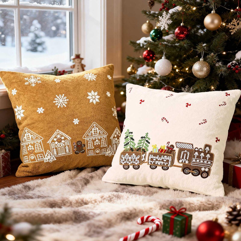 Lanpn 18x18 Christmas Pillow Covers Set of 2 Embroidery Gingerbread Man House Decorative Holiday Pillowcase Pillow Case Cushion 18 x 18 for Indoor Home Bedroom Sofa Couch Xmas Decor - Image 2