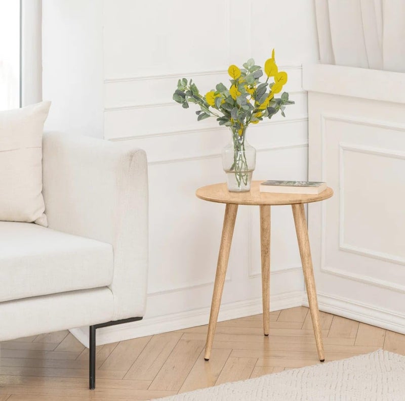 FendiHome Round Wooden Side Table – 35cm Beech & MDF Melamine Accent Table | Minimalist Beige Nightstand with PVC Top | Modern Design for Living Room, Bedroom & Plant Display - Image 3