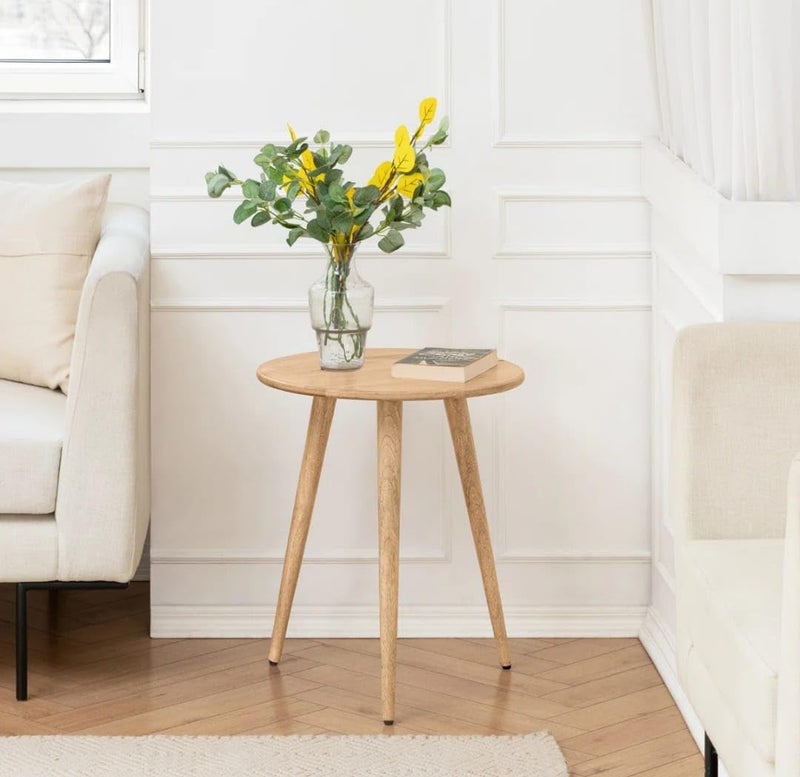 FendiHome Round Wooden Side Table – 35cm Beech & MDF Melamine Accent Table | Minimalist Beige Nightstand with PVC Top | Modern Design for Living Room, Bedroom & Plant Display - Image 1