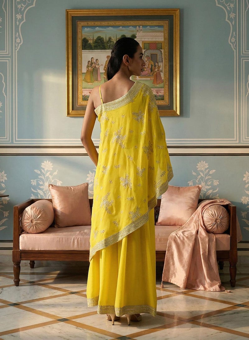 ISHIN Rich Chinon Embroidered Yellow Embroidered A Line Co-Ords ShararaBottom - Image 3