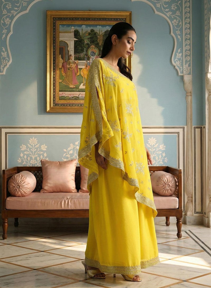ISHIN Rich Chinon Embroidered Yellow Embroidered A Line Co-Ords ShararaBottom - Image 4