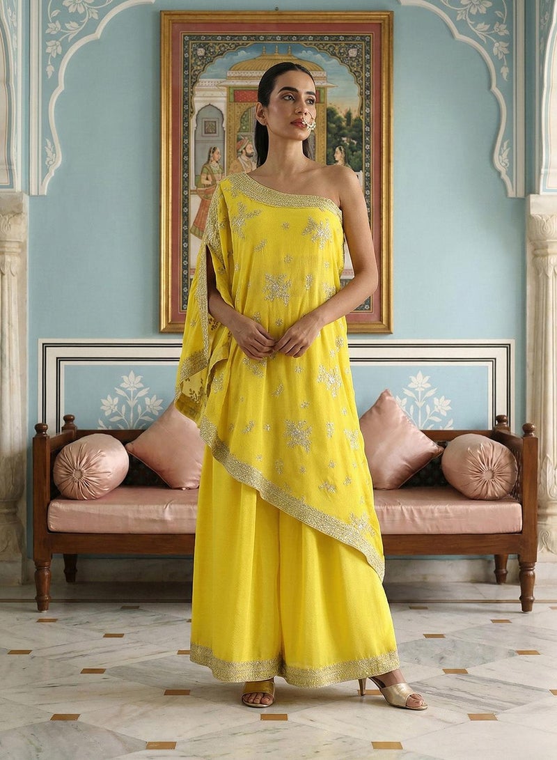 ISHIN Rich Chinon Embroidered Yellow Embroidered A Line Co-Ords ShararaBottom - Image 2