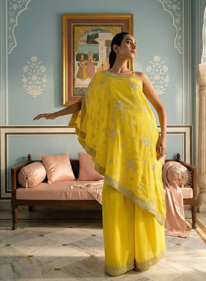 ISHIN Rich Chinon Embroidered Yellow Embroidered A Line Co-Ords ShararaBottom