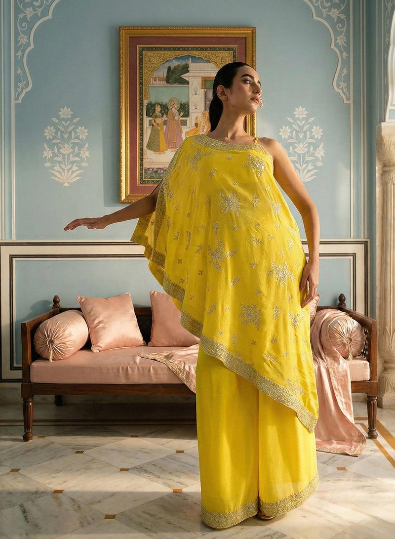 ISHIN Rich Chinon Embroidered Yellow Embroidered A Line Co-Ords ShararaBottom - Image 1