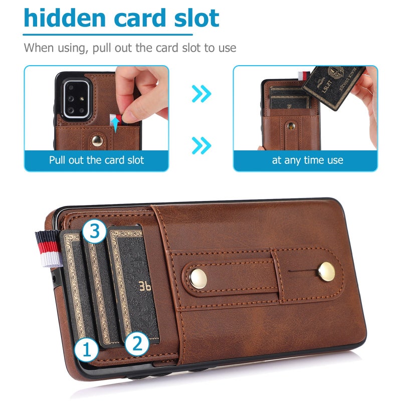 إيروريكس جراب هاتف جلدي بمسند مع سوار معصم لهاتف Samsung Galaxy A51 5G (بني) - Image 4