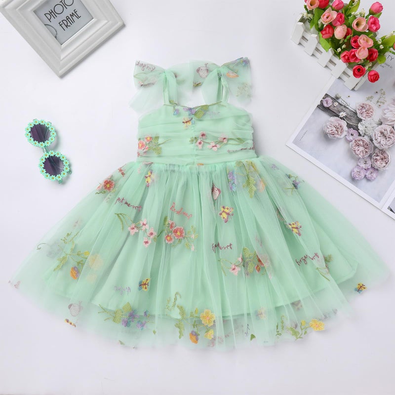 ODOLDI 1st Birthday Girl Dress Outfit Baby Floral Embroidery Tulle Dress Sleeveless Spaghetti Straps Princess Tutu Dress Toddler Cake Smash Photoshoot Dress Green Embroidery 6-12 Months - Image 2